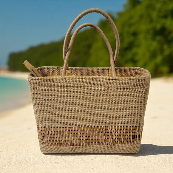 Vintage The Sak Woven Straw & Rattan Tote – Handmade in Indonesia, 13"x11" - Picture 1 of 14